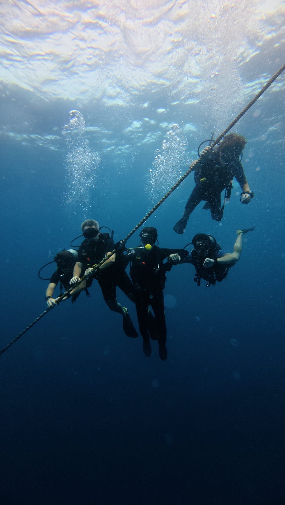 Quatre plongeurs au palier de sécurité, accrochés au bout de mouillage, la surface éclairée au-dessus d'eux, à Chumphon Pinnacle